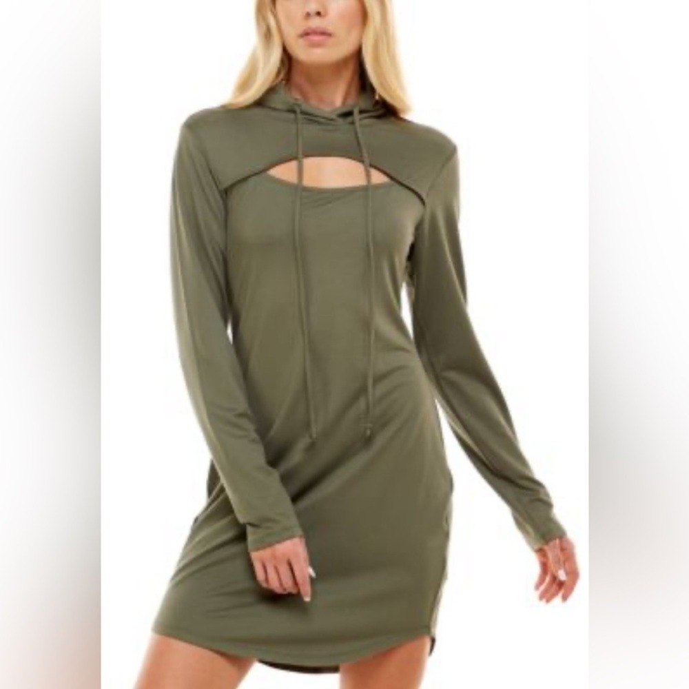 Almost Famous Olive Green 2-Piece Mini Dress & Cropped Shrug Hoodie Set Large